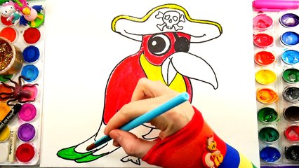 How to Draw Cartoon Parrot Pirate - Drawing Coloring Page for Children to Learn How to Paint
