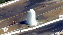 Un geyser d'eau a éclaté sur cette autoroute californienne