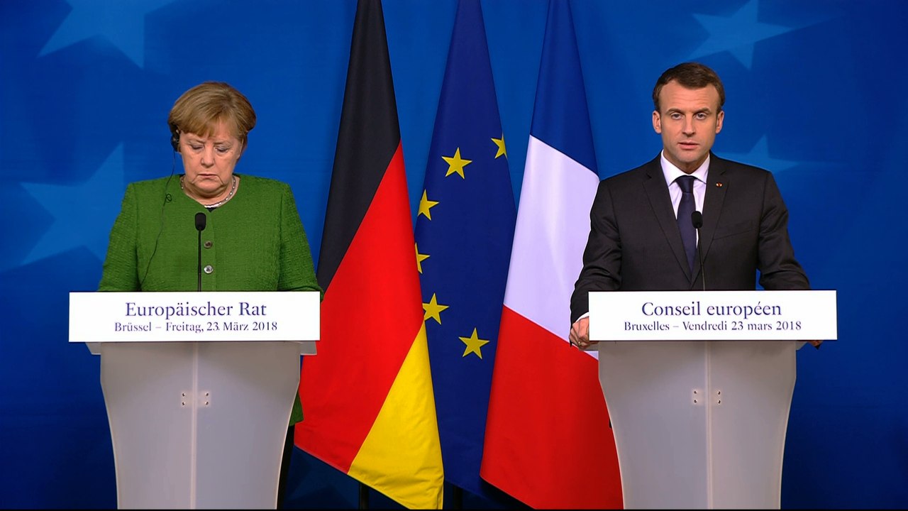 Conférence de presse conjointe d'Emmanuel Macron et d'Angela Merkel à l'occasion du Conseil européen de mars 2018