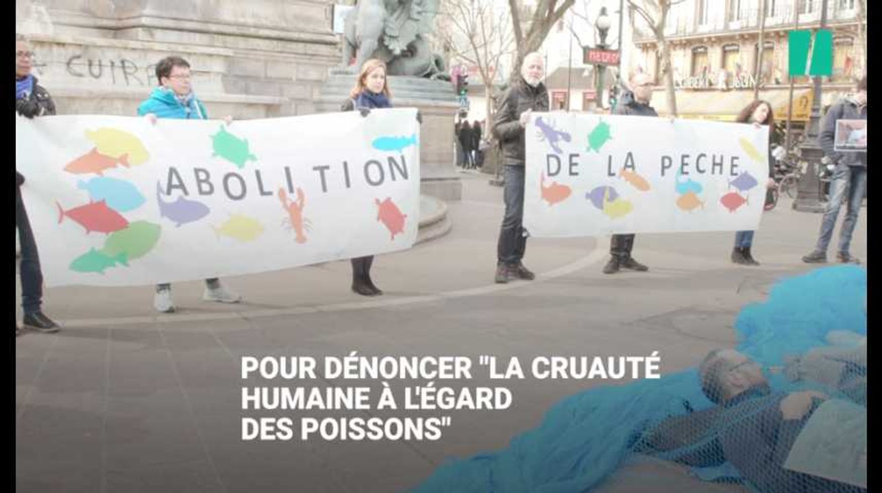 Des militants Vegan Impact s'entravent dans des filets de pêche à Paris
