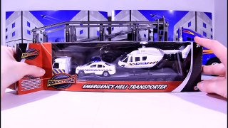 Video with Unboxing Toy Cars for children: Transporter & Police Cars & Hellicopter