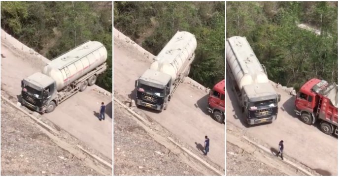 Camionista com nervos de aço faz inversão de marcha junto a um penhasco... WTF!