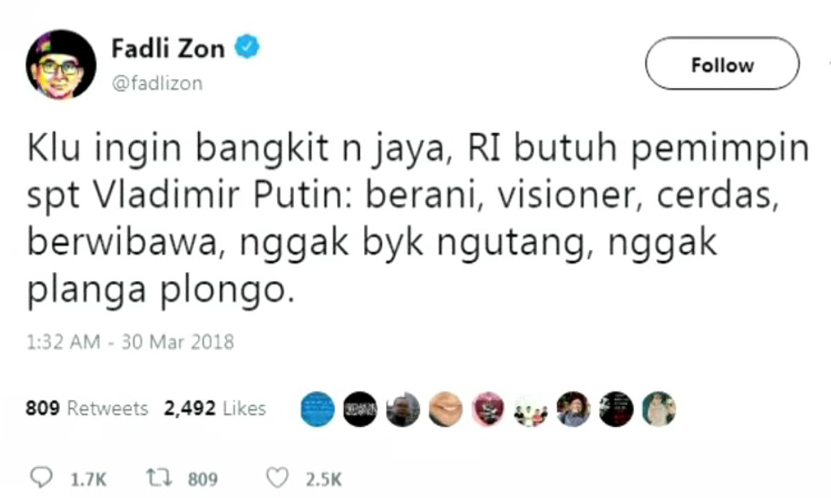 Fadli Zon Ingin Pemimpin Indonesia Seperti Putin