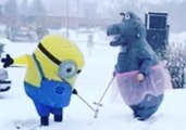 Inflatable Minion and Hippo in a Tutu Play Croquet in North Dakota Snow