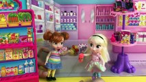 Grocery Shopping! Elsa & Anna kids shop at Barbies Grocery Store  Barbie Car  Candy Haul Disaster!