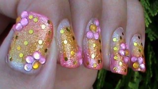 Flower Rhinestone Gold & Pink Ombre Gradient Nail Art Design Tutorial Video