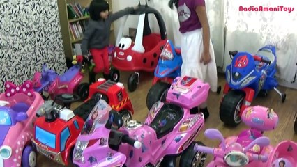 Little Girls Play with 10 Ride On Cars | Pink BMW Motorbike Peppa Pig Cozy Coupe Spiderman Quad