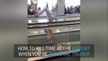 Personal trainer pulls balancing tricks at Las Vegas airport