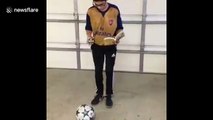 Boy solves Rubik's Cube with one hand while dribbling soccer ball