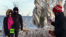 Exposición de arte natural: Aparecen esculturas de hielo a orillas de lago Míchigan