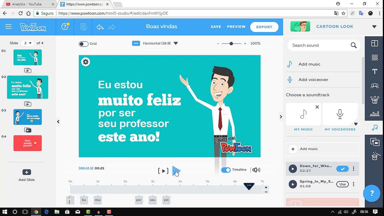 AULA 6 | CURSO DE POWTOON | Editando áudio:  inserindo fundo musical e narração no PowToon