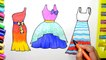 Draw Color Paint Barbie Pretty Dresses Coloring Page and Learn Colors for Kids