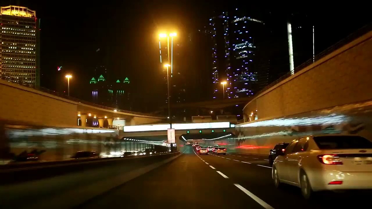 Beautiful Night View of Dubai Driving at Shaikh Zayed Road Dubai UAE.