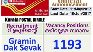 Kerala Postal Circle | Gramin Dak Sevak Recruitment 2017 | 1193 Vacancy Positions