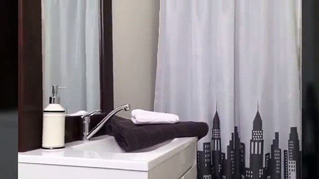 City Buildings Shower Curtain & 12 Decorative Hooks Black, Grey, white