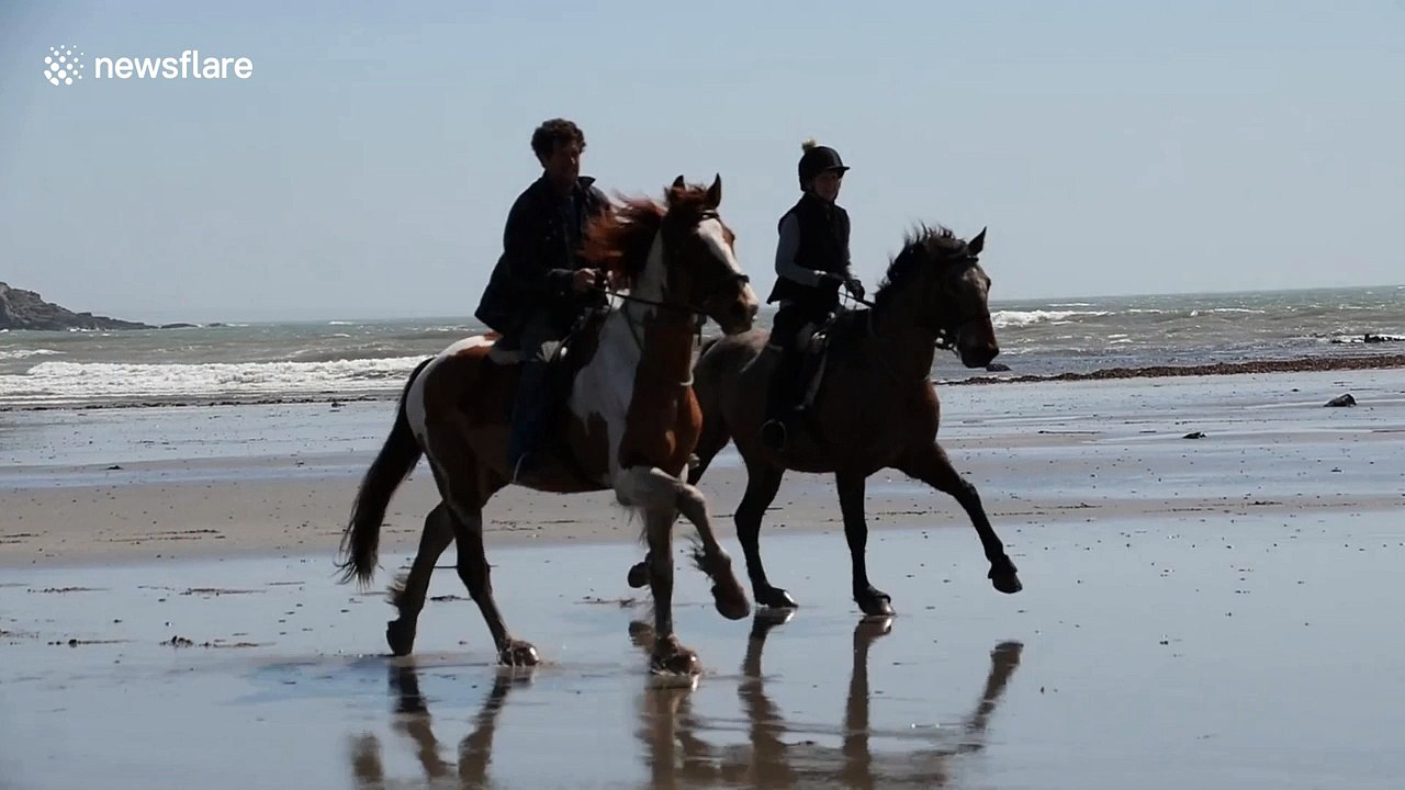 Horse riders and kite surfers out in the sun in Cornwall