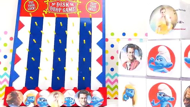 Smurfs & Beauty and The Beast Movie Disk Drop Game! Belle, Smurfette & Gaston open Toy Surprises!