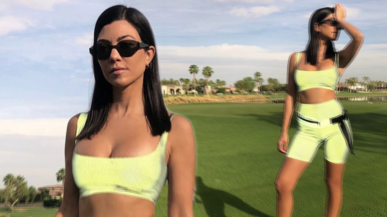 Kourtney Kardashian models neon cycling shorts and bra top from upcoming Yeezy season 7