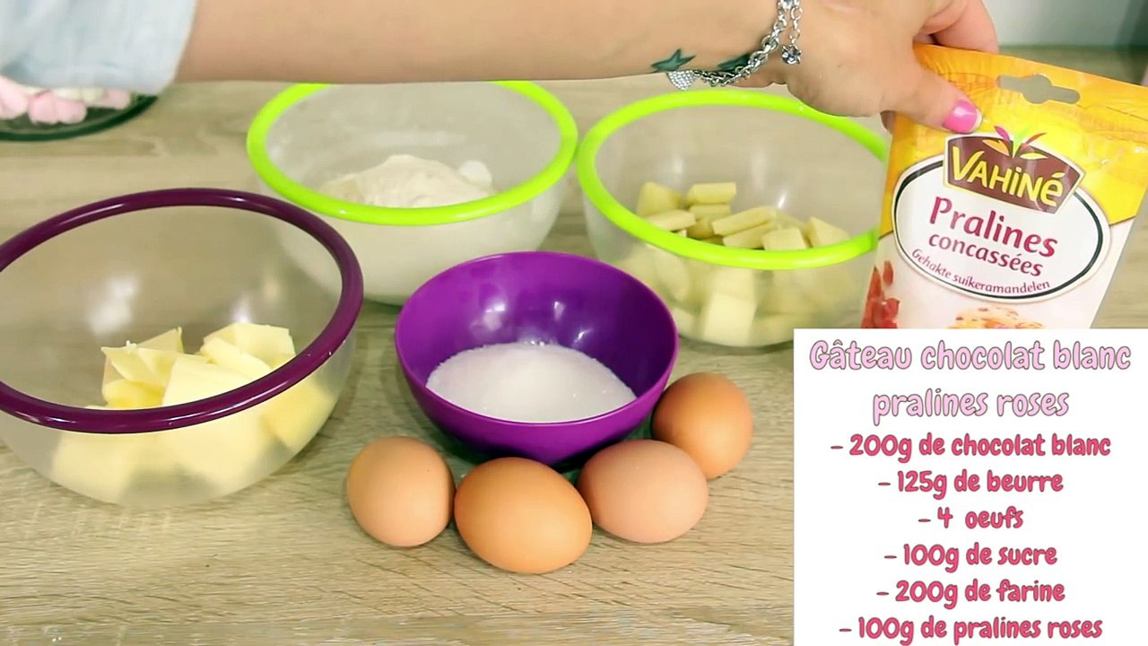 RECETTE GÂTEAU MOELLEUX CHOCOLAT BLANC PRALINES ROSES  •♡