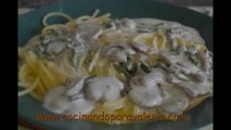 Receta de espaguetis con esparrajos, champiñones y nata paso a paso #Cocinada rápida y fácil