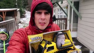 Toy Truck CRUSHED by GiANT SNOWBALL! | Tonka Steel Buldozer Toy Truck Review