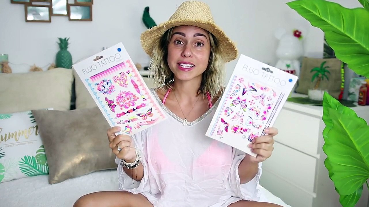 TATOUAGE FLUO, CHAPEAU ET COQUILLAGES _ Indispensables de l'été pour la piscine et la plage