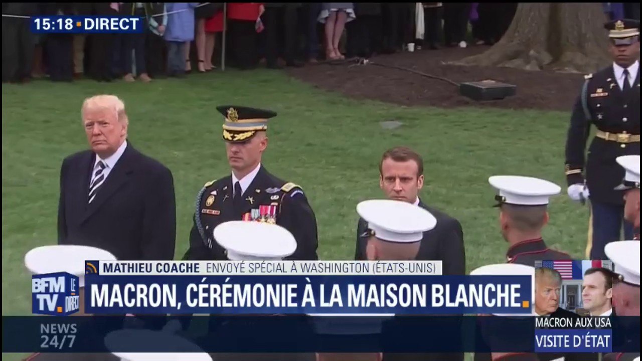 Emmanuel Macron et Donald Trump passent en revue les troupes américaines à la Maison-Blanche