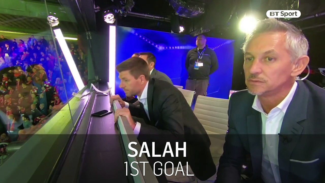 Liverpool legend Steven Gerrard reacts to Mohamed Salah's goals against Roma