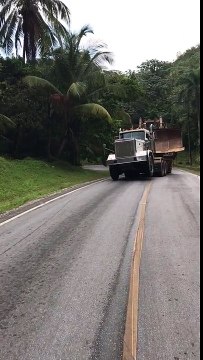Un camion transportant un bulldozer glisse sur une colline