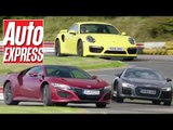 Honda NSX vs Porsche 911 Turbo vs Audi R8 V10 supercar track battle