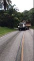 Un camion avec un bulldozer glisse sur une colline
