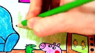 Peppa Pig Watching TV with George and Daddy Pig Coloring Book Pages Video For Kids