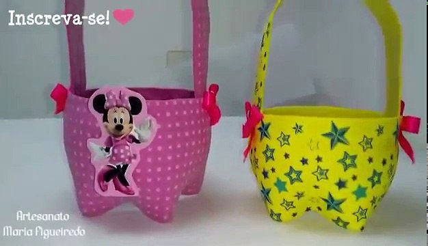 Cesta de garrafa pet - lembrancinha de aniversário Minnie. #Artesanato