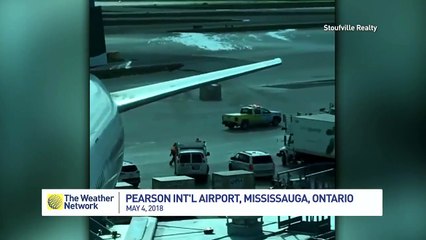 Personnel d'aéroport heurté par un container à bagages en pleine tempête !