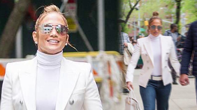 Jennifer Lopez rocks a sharp blazer as she walks hand in hand to lunch with Alex Rodriguez