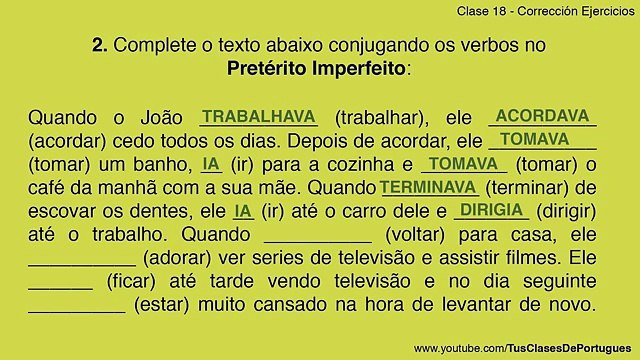 Clases de Portugués - Clase 18.2 - Ejercicios: PRETÉRITO IMPERFEITO - NIVEL BÁSICO A2