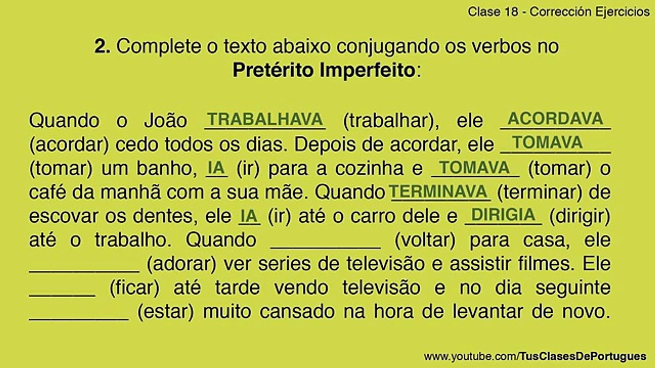 Clases de Portugués - Clase 18.2 - Ejercicios: PRETÉRITO IMPERFEITO - NIVEL BÁSICO A2