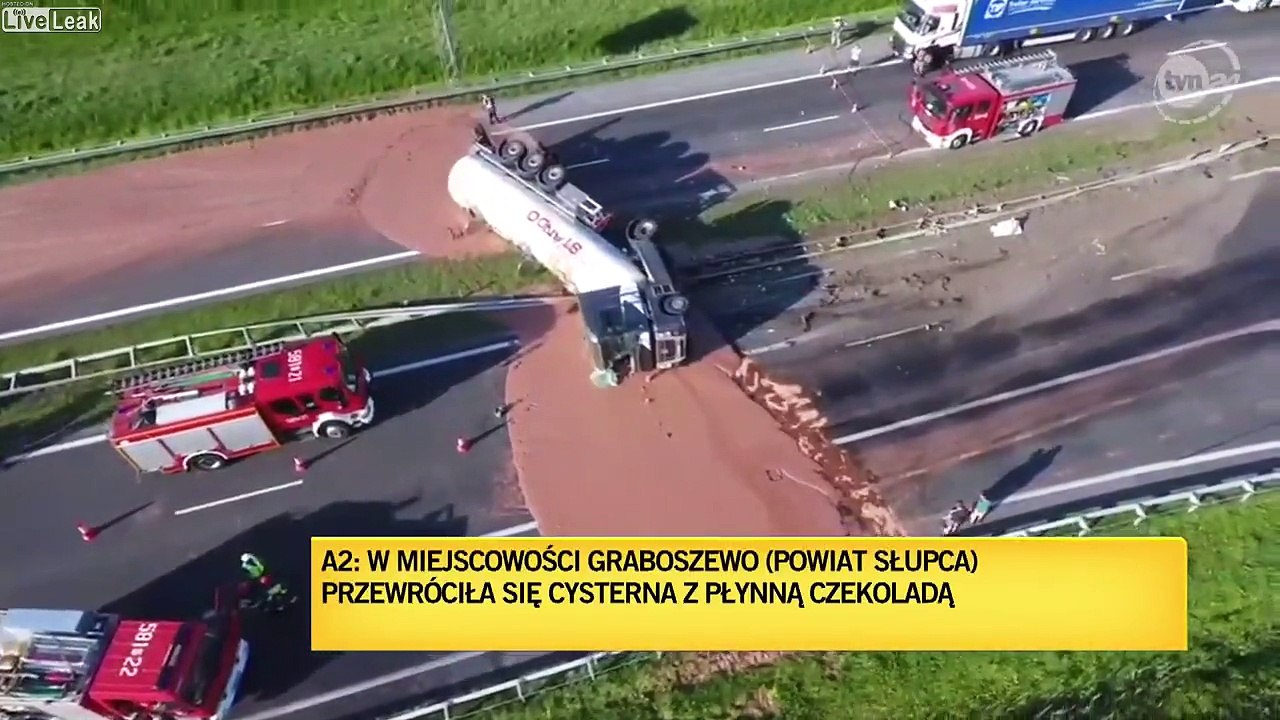 Chocolat sur l'autoroute après le reversement d'un camion citerne en Pologne !