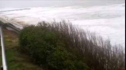 Descargar video: Hurricane Force Winds Blow against the Sea Waves on the Beach in a Storm