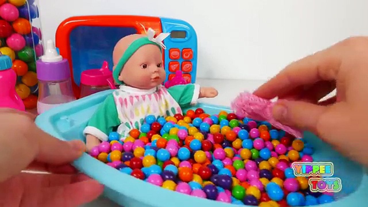 Baby Doll Microwave Playset Kitchen Appliance! Learn Colors with Candy For Kids
