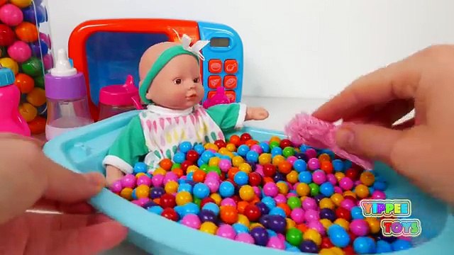 Baby Doll Microwave Playset Kitchen Appliance! Learn Colors with Candy For Kids