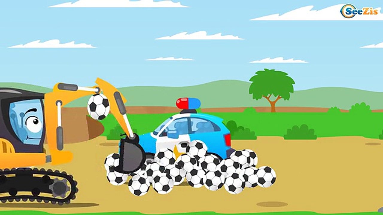 Çocuklar İçin Araba Çizgi Filmi Bedava Online Olarak Ekskavatörün Polis Arabası ve Vinç Sayesinde Kurtulmasını İzleyin