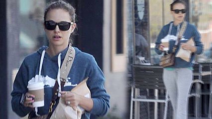 Natalie Portman goes casual in sweats and shades but adds pizzazz with Dior bag on coffee run in Los Angeles.