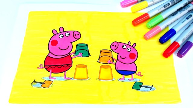 Peppa Pig Drawing, Playing on the Beach Coloring Book Pages Video For Kids with Colored Markers