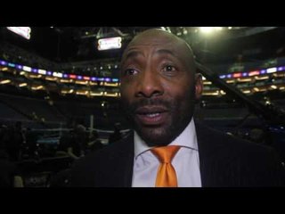 Johnny Nelson reacts to BELLEW'S tko WIN at ringside from the O2