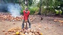 THE COCONUT HUSKERThis is Ravindra Ckoll. He husks dried coconuts for a living. He lives in Icacos Village, Cedros, on Trinidad's far southwestern tip. Ckoll h