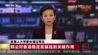 [中国新闻]全国人大常委会通过释法 释法对香港稳定发展起到关键作用 | CCTV-4