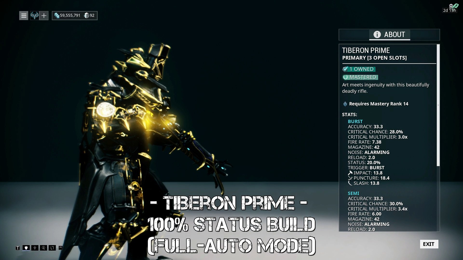 Warframe Tiberon Prime - 100% Status Build - video Dailymotion