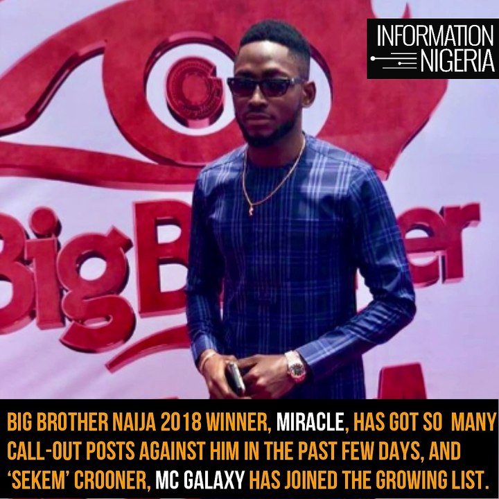 MC Galaxy calls out BBNaija 2018 winner Miracle