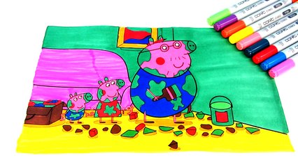 Peppa Pig Daddy Pig Paints the wall Coloring Book Pages Video For Kids with Colored Markers